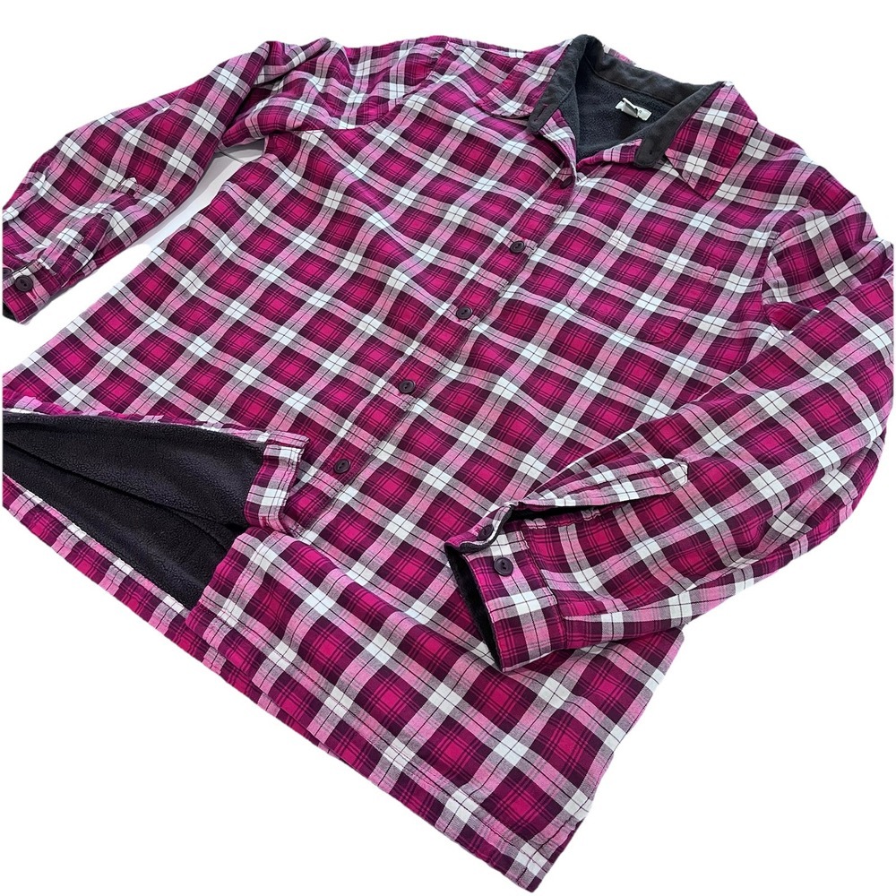 LL Bean Pink Plaid‎ Fleece Lined Flannel Shirt Jacket Shacket Size LARGE
